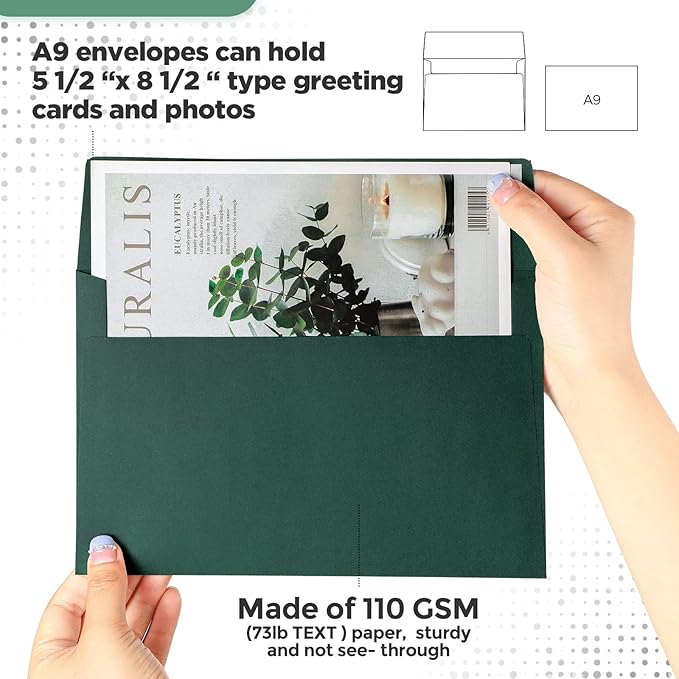 Harloon 100 Pcs A9 Invitation Envelopes 5.75 x 8.75 Inch Self Adhesive Wedding Invitation Envelopes Paper Greeting Card Envelope for Photos Letters Baby Shower Office 110 Gsm Paper(Dark Green)