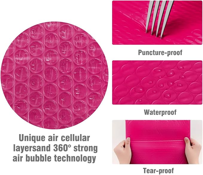 HBlife 50Pcs Bubble Mailers, 4x8 Inches Self Seal Hot Pink Poly Mailers, Padded Envelopes Shipping Bags Packaging for Small Business