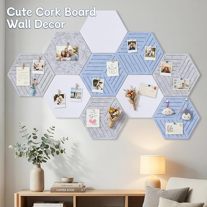 10 Pack Hexagon Cork Board, 12" x 10" Self-Adhesive Felt Bulletin Board Tiles with 40 Pushpins, Cute Pin Boards for Wall Decor Home Office School DIY Display Boards for Photos (Blue Theme)