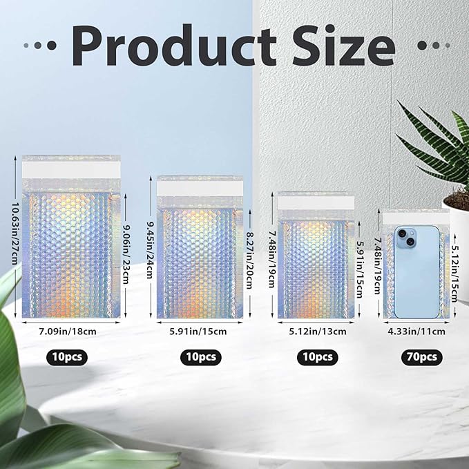 Henoyso 100 Pcs Bubble Mailer 4 Sizes Self Adhesive Waterproof Padded Envelopes Cushioning Seal Bubble Shipping Envelopes for Mailing Packaging Small Business Packing Supplies (Laser)