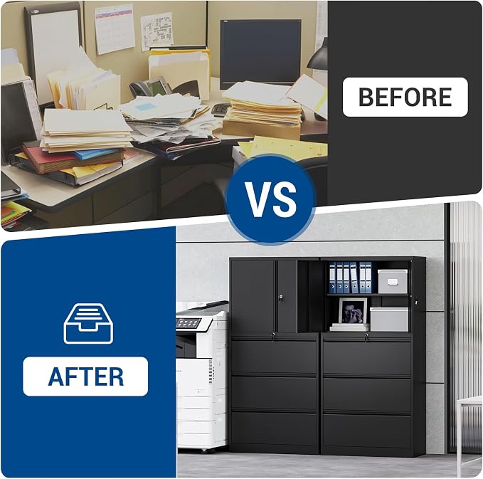 Fesbos 3 Drawers Lateral File Cabinet with Lockable Drawer and Door- Large Steel Filing Cabinet for Home Office Hanging Files Letter/Legal/F4/A4 Size