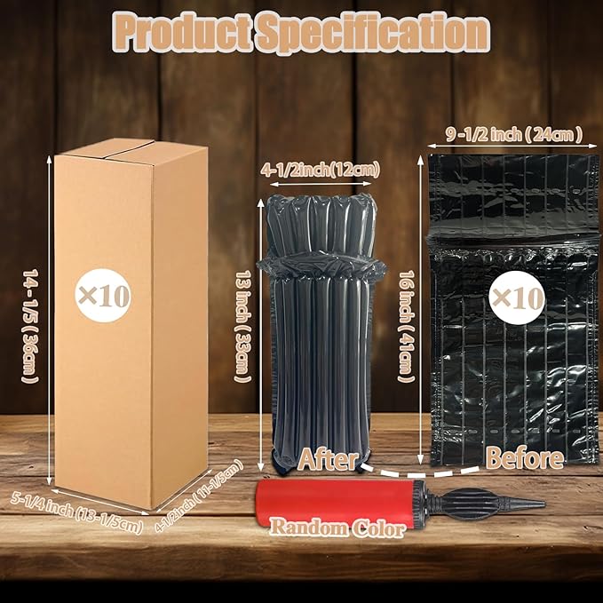 10 Wine Shipping Box Sets,Include 10 Wine Boxes for Shipping and 10 Bottle Protector Bags with 1 Reusable Air Pump,Inflatable Bubble Cushion Wrap for Transportation