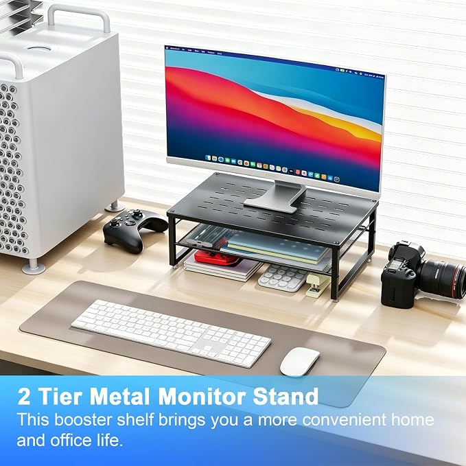 gianotter 2-Tier Metal Monitor Stand Riser | Desk Organizers and Accessories, Desk Organizer for Monitor, Office Desk Storage Organizer for Office Supplies (Black)