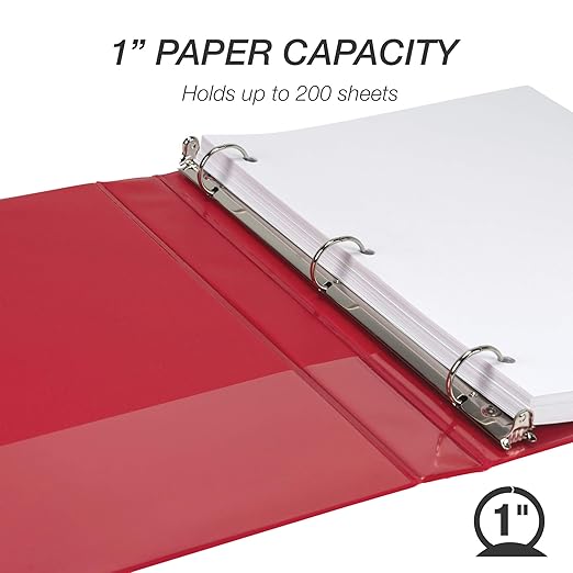 Samsill 1 Inch 3 Ring Binder, Economy Round Ring, Clear View Cover, 200 Sheet Capacity - for School, Home, Office - Ruby Red