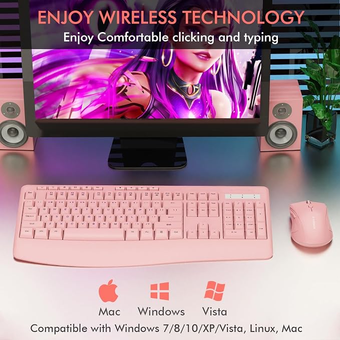 Wireless Keyboard and Mouse Combo, Full Size Ergonomic with Wrist Rest | 2.4GHz USB Receiver, 3 DPI Adjustable 6-Button Cordless Mouse for Computer, Laptop, PC, Windows