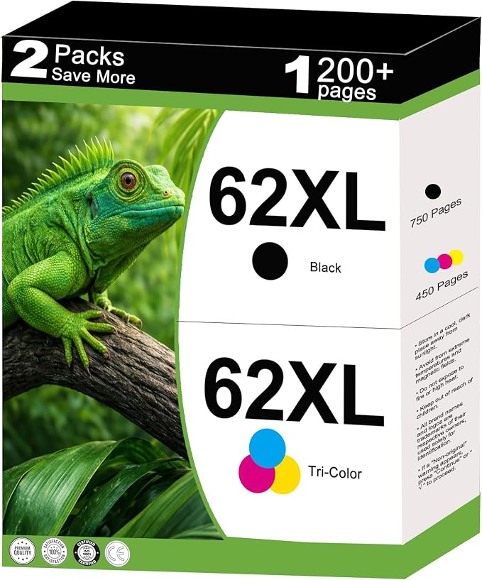 62XL Ink Cartridges Replacement for HP 62 XL Black Color Combo Pack for HP62 HP62XL for OfficeJet 200 250 5665 5661 5560 5640 5663 5742 Envy 7640 7645 5540 5545 5660 Printers with V28.2.1 Chip 2-Pack