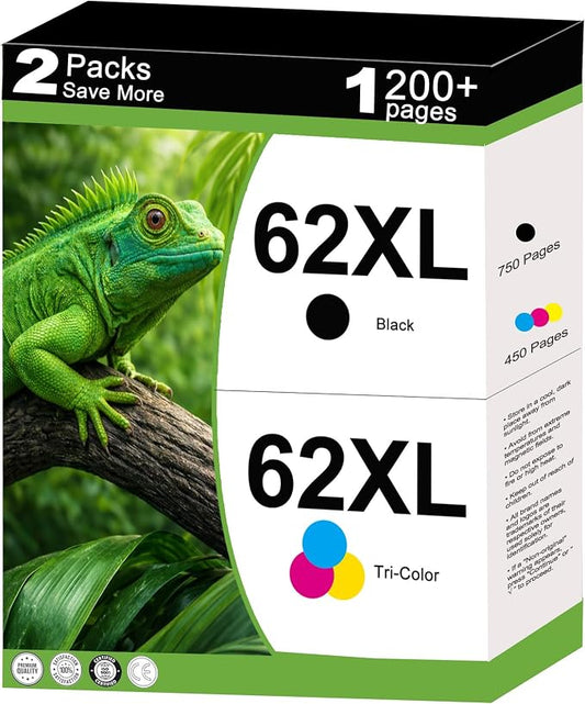 62XL Ink Cartridges Replacement for HP 62 XL Black Color Combo Pack for HP62 HP62XL for OfficeJet 200 250 5665 5661 5560 5640 5663 5742 Envy 7640 7645 5540 5545 5660 Printers with V28.2.1 Chip 2-Pack