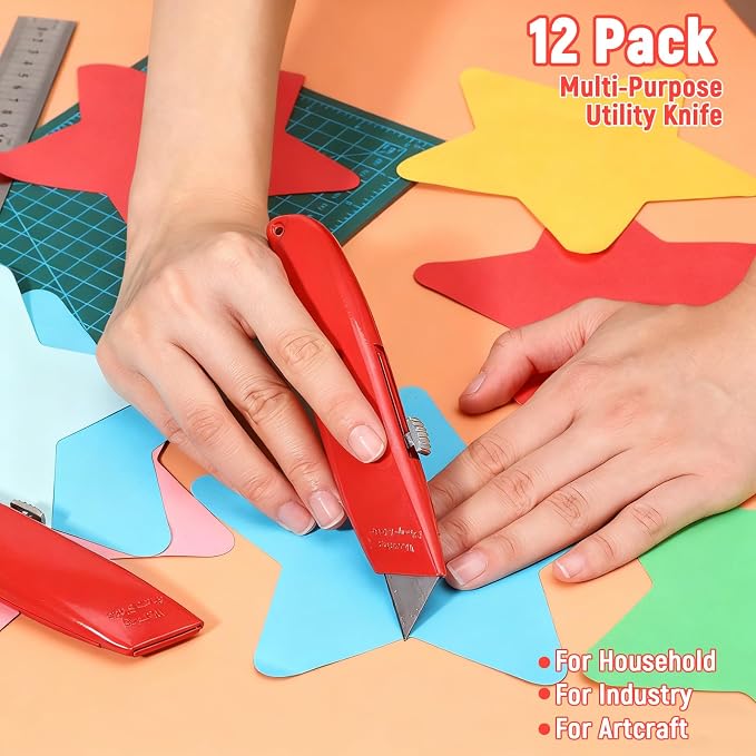 12pcs Utility Knife Retractable Box Cutter Bulk,Heavy Duty Aluminum Boxcutter Package Opener Cutter Blade for Cardboard Plastics Cartons DIY Home Warehouse Office(Red)