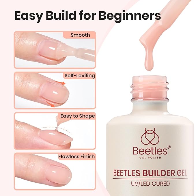 Beetles Builder Gel Nail Kit-2 Pcs Clear & Jelly Nude Builder Gels with Nail Brush,8 in 1 Nail Thickening Strengthening Building Apex for Beginner DIY UV Nails Salon at Home,New Bottle,Silken Petal