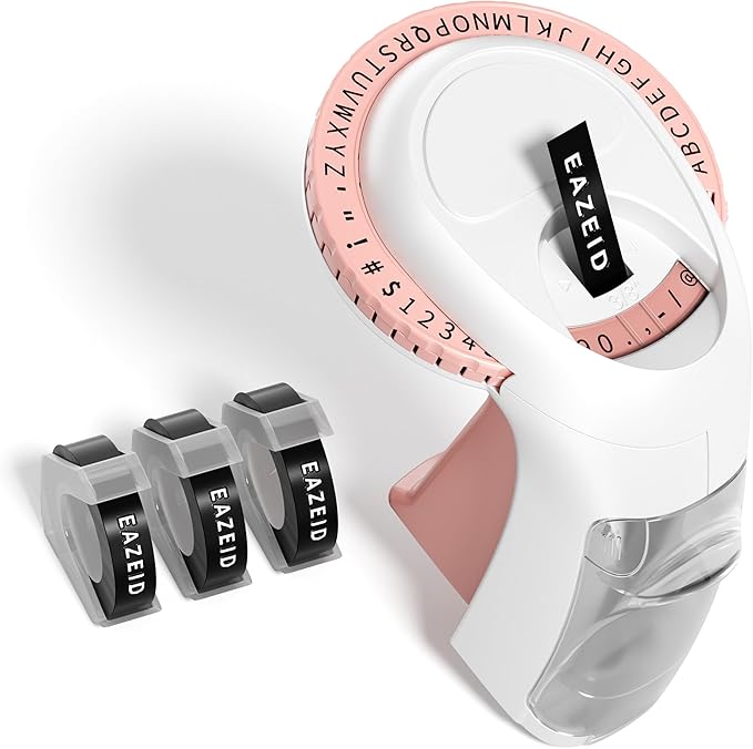 Pink Embossing Label Maker Manual, Handheld Embossed Label Maker with 3 Black Tapes 3/8Inch, Vintage Retro Embosser Labeler for DIY Scrapbooking, Kids Teachers Practical Gift, Home & Office Use