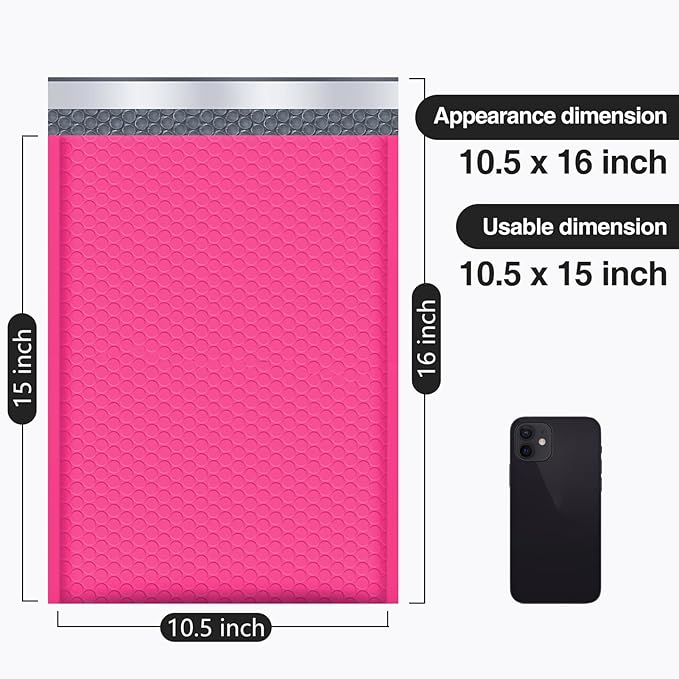 UCGOU Bubble Mailers 10.5x16 Inch 40 Pack Usable Size 10.5x15 Inch Large Padded Envelopes Hot Pink Waterproof Packaging Bag for Shipping Self Seal Strong Adhesion Envelope for Jewelry Makeup Supplies