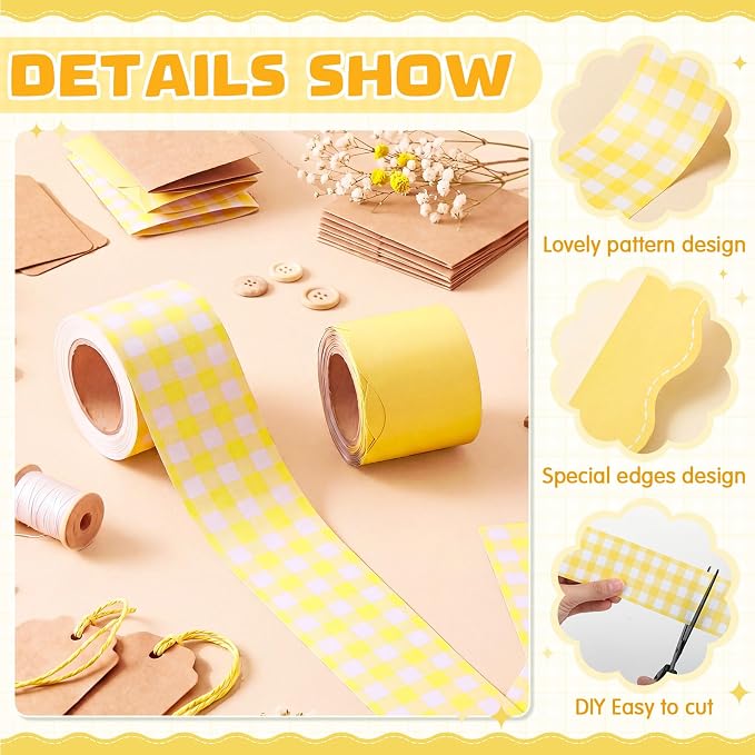 2 Rolls 65.6ft Yellow Gingham Bulletin Board Borders Decoration Yellow Checkered and Straight Edge Bulletin Borders Board Trim for Office School Classroom Chalkboard Party Decoration