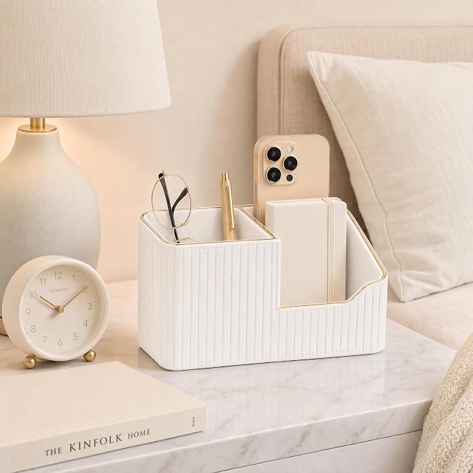 Luxury PU Leather Desk Organizer for Office Accessories, Aesthetic Pen Holder for Desk, Modern Desktop Storage Organizer for Home Office Supplies Cream White with Gold Trim