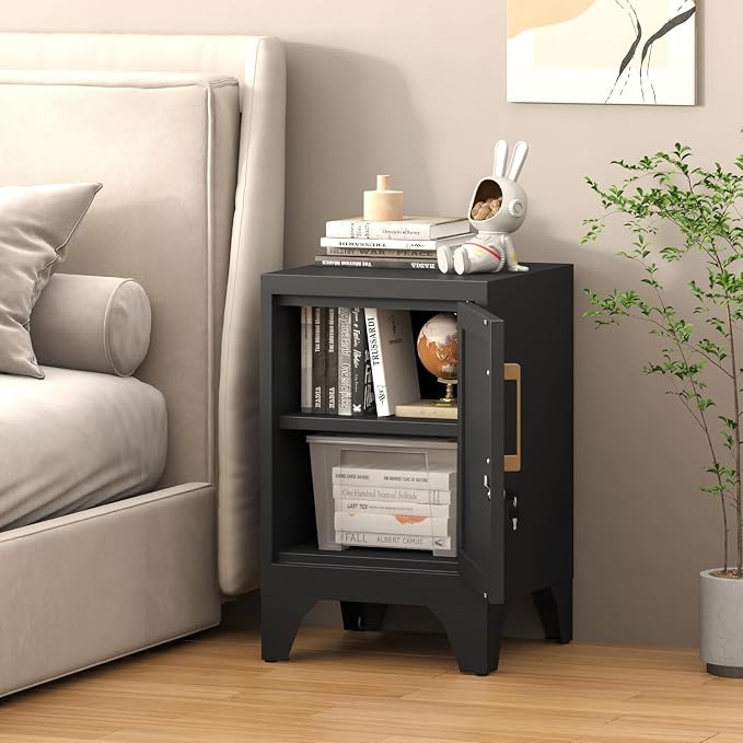 23.6" H Metal Locker Nightstand Set of 2,Black Locking Night Stand with Door and Adjustable Shelf, Small Side Table with Detachable Legs for Home Office,Living Room or Bedroom,Easy Assembly