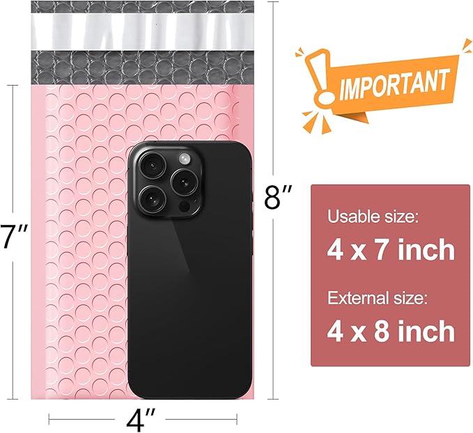Famagic Bubble Mailers 4x8 Inch 100pcs Light Pink Shipping Bags, Chic Packaging Bags For Small Business, Colored Padded Mailing Envelopes, Opaque Matte Self Seal Bubble Poly Mailers Bulk #000