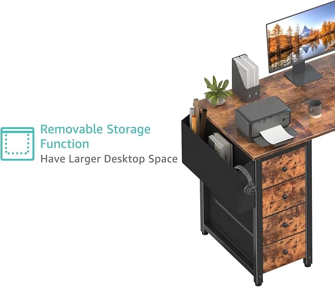 Lufeiya L Shaped Computer Desk with Drawers & Storage Shelves, 63 Inch Corner Desk with Power Outlet for Home Office Bedroom, L-Shaped Teen PC Gaming Desks with Fabric Drawer, Rustic Brown