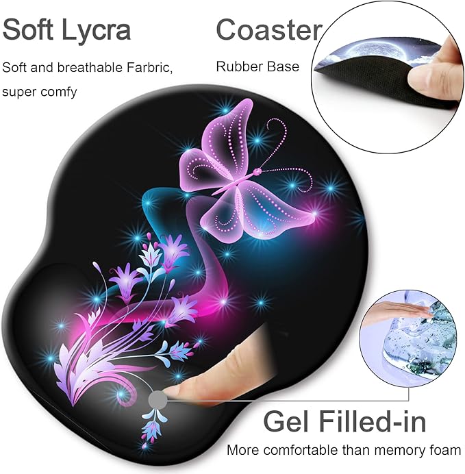 Ergonomic Mouse Pad with Wrist Support Rest,Large Mousepad Gel Wrist Rest, with Coaster Non-Slip & Pain Relief for Computer, Desk, Home&Office-Purple Butterflies