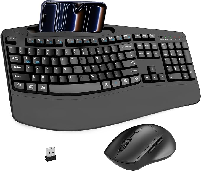 Wireless Keyboard and Mouse Combo, Full Size Ergonomic Wave Keys(Black) | 2.4G Ergonomic Keyboard with Wrist Rest, Phone Holder, 3-Level DPI Silent Mouse with 6-Buttons, for Windows/Mac OS/Laptop/PC