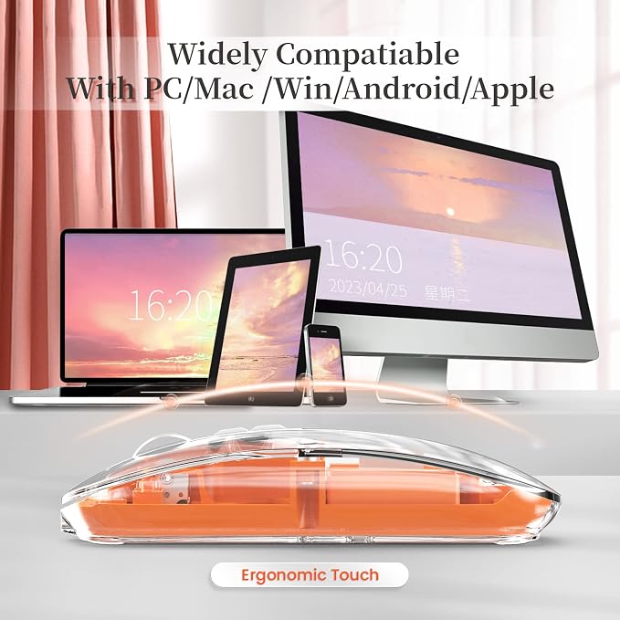 AJAZZ Wireless Bluetooth5.1&2.4G Mini Lightweight Mouse,Transparent Clear Cool,Rechargeable Silent Computer Mice,Nano USB C Receiver,LED Battery Magic Silm for Office/PC/Mac/Laptop/Apple/ipad(Orange)