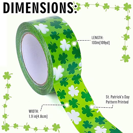 Whaline 109 Yard St Patrick's Day Packing Tapes Irish Luck Green White Shamrock Clover Pattern Decorative Tape Waterproof Gift Wrapping Tape for Small Business DIY Crafts Box Carton Decor