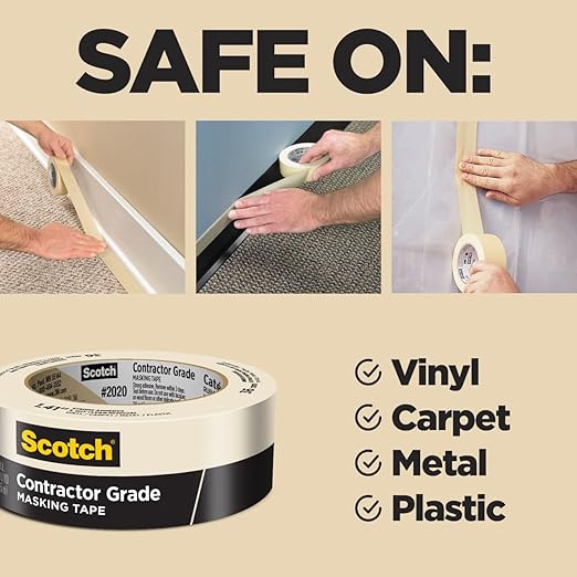 Scotch Contractor Grade Masking Tape, 0.7 in. x 60.1 Yds, 1 Roll, 3-Day Interior Clean Removal, Removes Easily Without Leaving Sticky Residue, Interior & Exterior Use (2020-18AP)