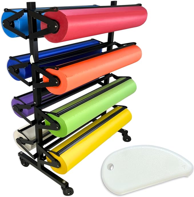 8 Rack Paper Roll Holder Dispenser & Cutter for 36 inch Butcher Craft Rolls | Horizontal Rolling Stand Stores Kraft and Classroom Bulletin Board Supplies