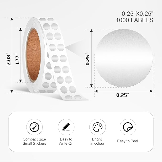 1/4 Inch Dot Stickers, Small Round Sticker, 1000 Dot Label Stickers | 0.25 Inch Silver Dot Stickers, Circle Sticker Labels, Sticker Dots for Office and Marking, Small Round Stickers for Labeling