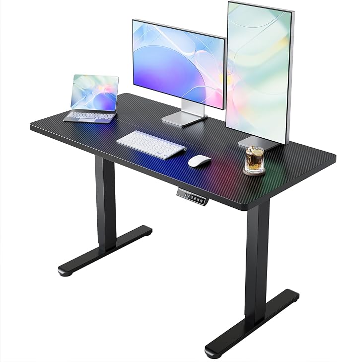 HUANUO 55x28 Inch Electric Standing Desk, Adjustable, Carbon Fiber Black | 176 Lbs Capacity, Smooth Home Office Desk, 4 Memory Presets & Headphone Hooks, 28.3–46.5 Inch Height Range, Easy to assemble