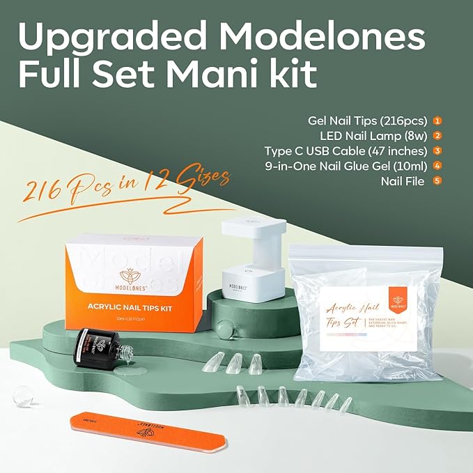 modelonesn X Nail Gel Kit Kit Medium Coffin, 9-in-One Nail Glue with Portable U V Lamp 216Pcs 12Sizes Pre-Etched Press ons Fake Acrylic Extension Kit DIY Salon Gift for Women