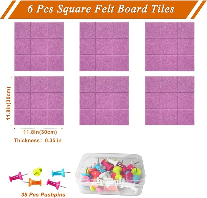 Large Square Felt Cork Board Tiles, Self Adhesive DIY Felt Bulletin Board with 35 Pushpins for Office School Home Wall Decor Stickers Memos Photos (Light Purple)