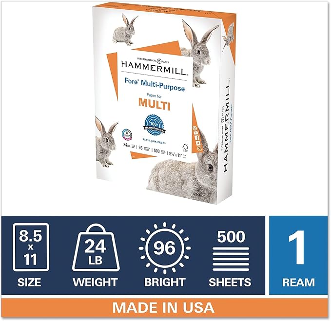 Hammermill Printer Paper, Fore Multipurpose 24 lb Copy Paper, 8.5 x 11 - 1 Ream (500 Sheets) - 96 Bright, Made in the USA