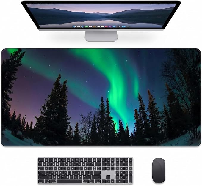 Auhoahsil Northern Lights Aurora Desk Mat, Ultra Large Full Desk Gaming Mouse Pad, Dark Night Forest Landscape Extended Keyboard Pad, Nature Aesthetic Desk Pad for Home Office Gaming, 35.4"x 15.7"