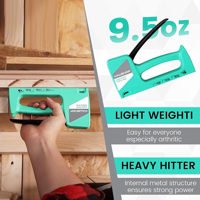 HAUSHOF Light Duty Staple Gun, Upholstery Staple Gun with 800PCS JT21 Staples and Stapler Remover, Fits JT21 Staple of 1/4'', 5/16'' & 3/8'', Used for Wood, Classroom, Crafts, DIY, Decoration (Green) | Upholstery Staple Gun Fits JT21 Staple of 1/4'', 5...