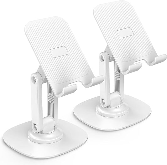 OMOTON Cell Phone Stand for Desk, 2 Pack Adjustable Foldable Phone Holder, 360 Swivel Mobile Stand Fit for iPhone 17 16 15 14 13 Pro Max and All Smart Phones, White & White