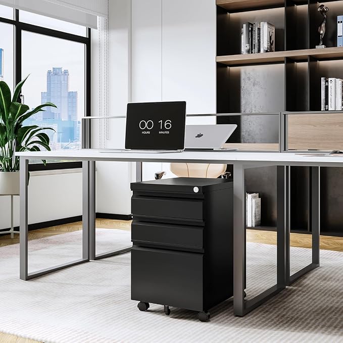 3 Drawer Mobile File Cabinet with Lock, Under Desk Metal Rolling Filing Cabinets for Home Office Organizer Letters/Legal/A4 (Black- Requires Installation) (Black)