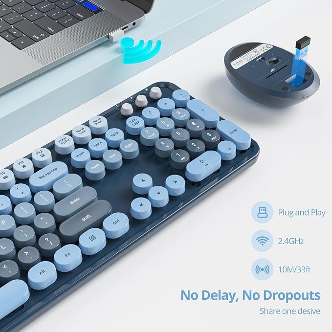 Wireless Keyboard and Mouse Set, Retro Typewriter Sea Blue | 1600DPI Full Size With Number Pad & Mouse,Compatible With All Windows,Ideal For Computer, PC, Notebook, Laptop