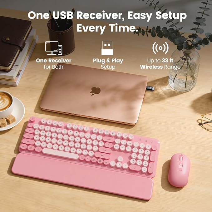 Wireless Keyboard and Mouse Combo, Magnetic Wrist Rest, Round Keycaps, Pink | Full-Size Retro Typewriter Style, Tilt Legs, 2.4GHz Cordless for MacOS, Windows PC, Laptop - Soft Blush Pink, SABLUTE CK23