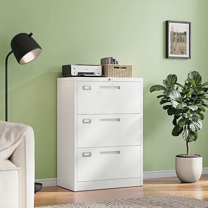 3 Drawer File Cabinets with Lock,Metal Lateral Filing Storage Cabinet Printer Stand,White Steel Home Office Cabinet for Hanging Files Letter/Legal/A4 Size (White, H39.84×W28.35×D15.74)