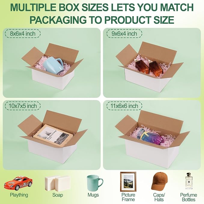 MAPVOLUT 43-Piece Assorted Sizes Small Shipping Boxes - White Corrugated Mailing Boxes for Small Business, Packaging, and Gift Shipping - Includes 4 Sizes (8x6x4, 9x6x4, 10x7x5, 11x6x6)