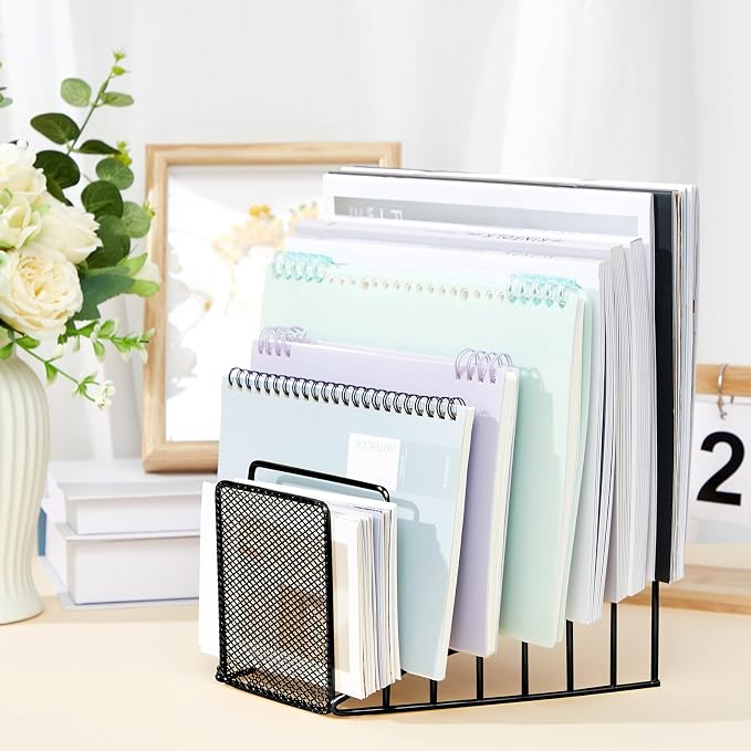 2 Pcs 7 Section Wire File Organizer for Desk, Metal Mesh Incline File Holder, Letter & Magazine Folder Rack, Desktop Paper Sorter for Home Office Back to School (Black)
