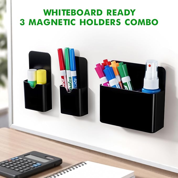 3 Pcs Magnetic Marker Holder for Whiteboard, Plastic Magnet Dry Erase Marker Holders for Fridge Refrigerator, Pen Pencil Cup Holder for School, Classroom Accessories, Locker Organizer-Balck