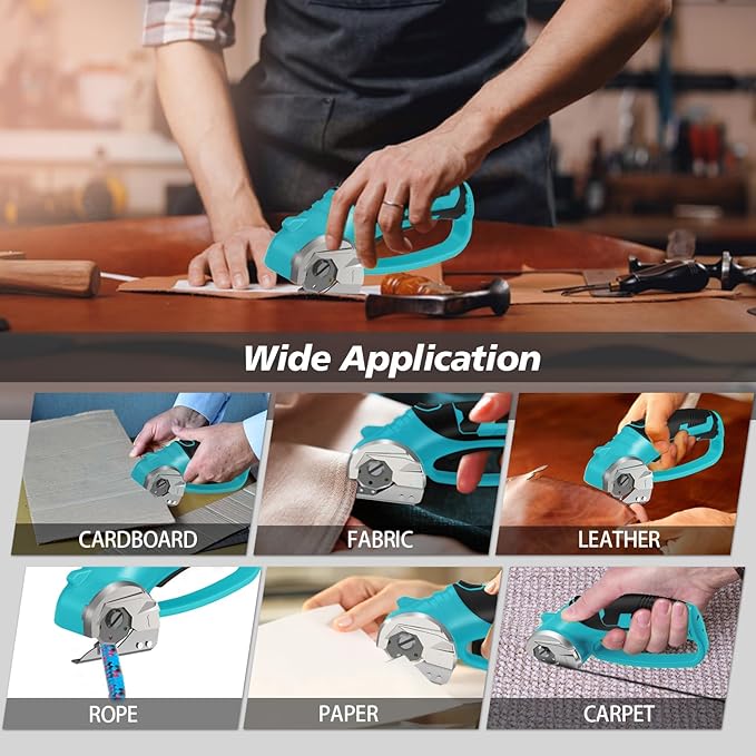 Cordless Electric Scissors, 4V Rechargeable Box Cutter & Cardboard Cutter with LED Light, Safety Lock - Rotary Cutter for Fabric, Leather, Plastic, Crafting, Sewing with Storage Box (Turquoise)