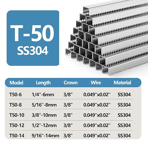 5/16 Inch Leg Heavy Duty T50 Staples 304 Stainless Steel 1512 Pcs | 3/8" Crown Beveled Chiseled Pointed SS304 Staples A11 20 Gauge fit Pneumatic Electric Manual T50 Stapler Gun for DIY Crafts