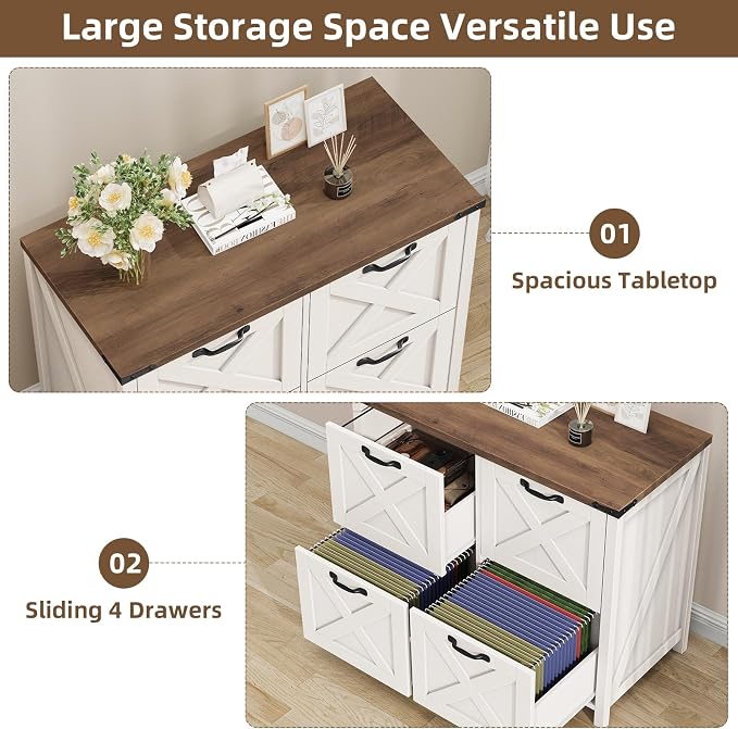 Befrases Farmhouse File Cabinet, Lateral Filing Cabinet with 4 Drawers for Letter/A4 Size Hanging Files, Wooden Printer Stand File Storage Cabinet for Home Office Cabinets, Rustic White