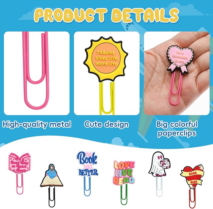 30 PCS Bookish Paper Clips Metal Paperclip Large Size Paper Clip Cute Bookmark Colorful Office Supplies Bookmark Clamp Desk Accessories Stationery Gifts