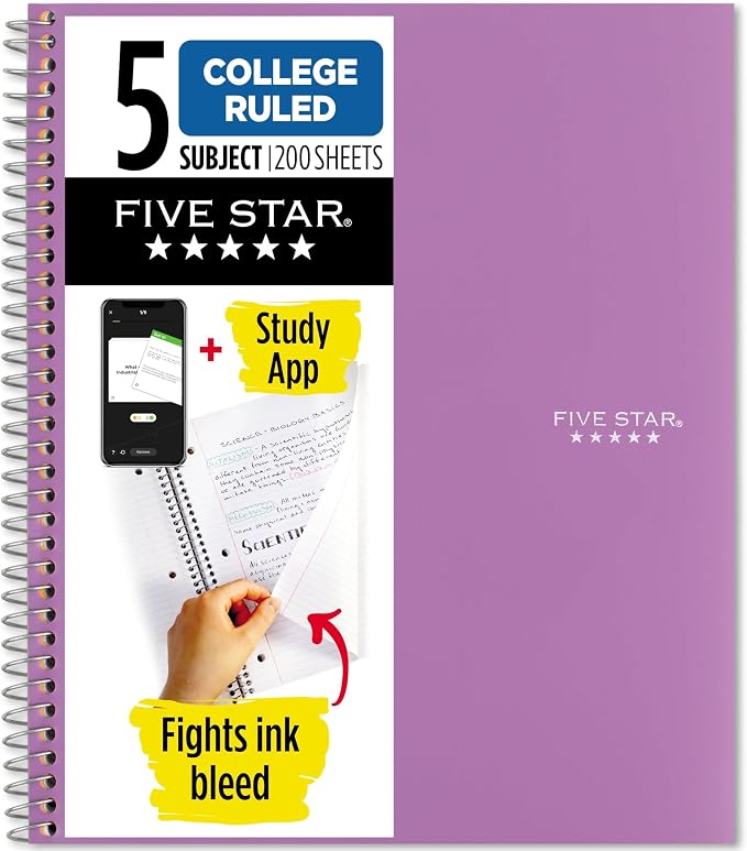 Five Star Spiral Notebook + Study App, 5 Subject, College Ruled Paper, 8-1/2" x 11", 200 Sheets, Fights Ink Bleed, Water Resistant Cover, Amethyst Purple (38748), 1 Count (Pack of 6)