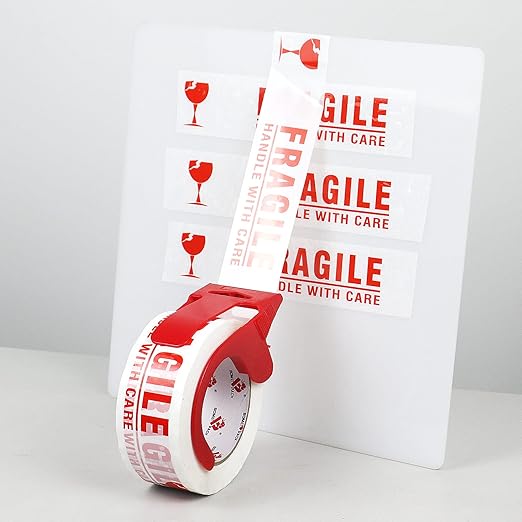BOMEI PACK 6 Rolls Fragile Tape 2 Inch x 180 Feet (60 Yards) - Handle with Care Marking Tape, Fragile Packing Tape with Dispenser - Heavy Duty Fragiles Tape for Shipping and Moving Boxes