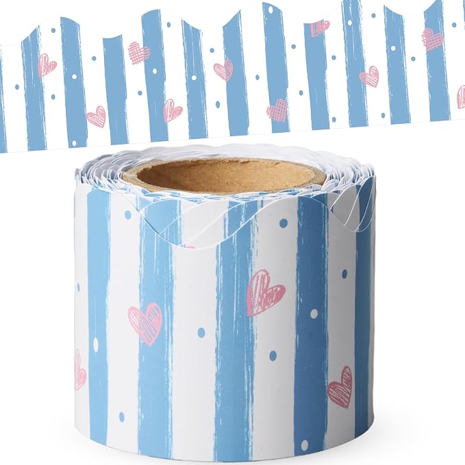 32.8 Ft Blue Stripes Bulletin Board Borders Scalloped Trim | Blue Borders with Pink Hearts and Dots Decoration, Classroom Decor, Scalloped Edge for Office Party Fiesta