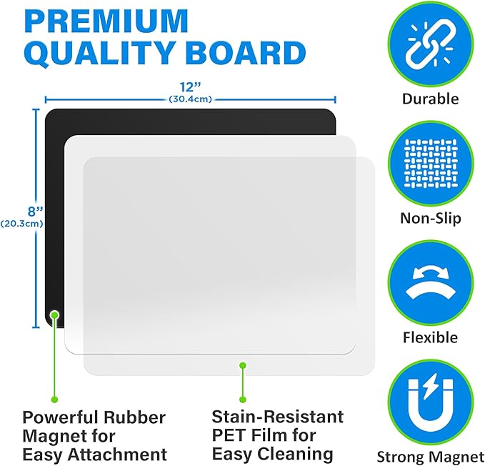 Magnetic Dry Erase White Board Sheet for Fridge (12x8), Stain Resistant Technology w/ 6 Markers & Big Eraser with Magnet, Small Refrigerator Whiteboard Planner & Organizer by Yes4Quality