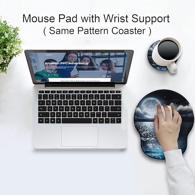 Ergonomic Mouse Pad with Wrist Support Rest,Large Mousepad Gel Wrist Rest, with Coaster Non-Slip & Pain Relief for Computer, Desk, Home&Office-Moon Ocean